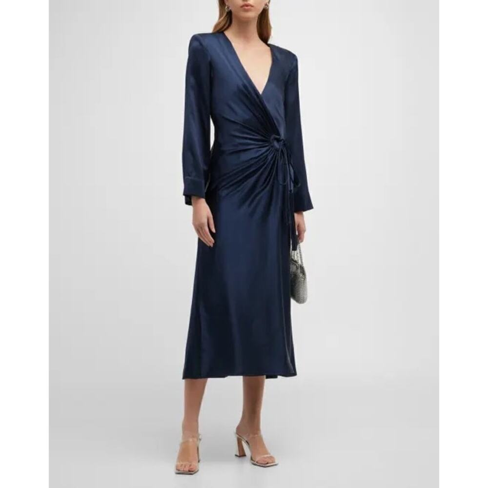 NWT Cinq a Sept Serena Faux Wrap Silk Midi Dress Women's Blue Size 00